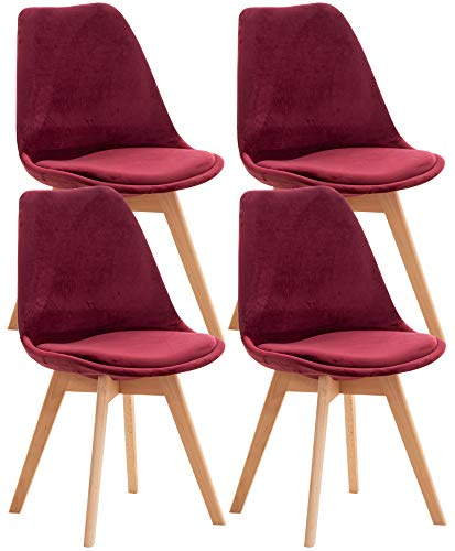 CLP 4er Set Esszimmerstuhl Linares Kunststoff I Stoff I Samt I Cord I Lederoptik I Lehnstuhl Mit Holzgestell, Farbe:bordeauxrot, Material:Samt
