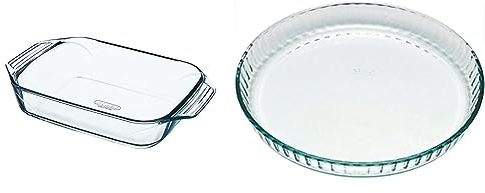 Pyrex - Irresistible - Plat à Four Rectangulaire en Verre, Transparent, 31 x 20 cm & Bake & Enjoy Mouleà tarte en verre haute résistance Blanc 28 x 28 cm 1,6 l