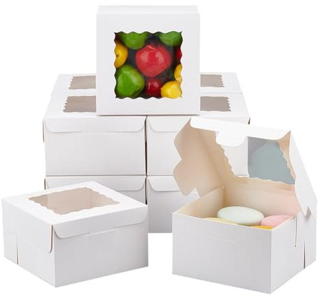 NBEADS 20 cajas de panadería, pequeñas cajas de dulces blancas con ventana de PVC, cajas de papel plegables pequeñas cajas de regalo de Kraft para propuesta de cumpleaños, 10x10x6cm acabado