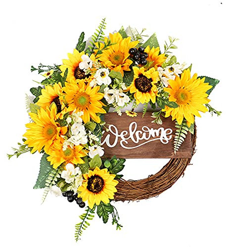 HXRZZG Artificial Sunflower Wreath Sunflower Welcome Wreath Front Door Welcome Wreath Spring Fake Flower Wreath with Yellow Sunflower Green Leaves for Decor