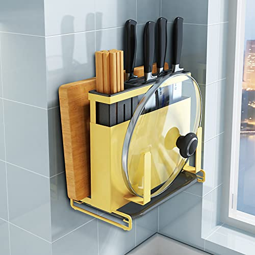 Momooda 4 in 1 Wall Mounted Knife Block Kitchen Organizers and Storage Containers Self Adhesive Pot Lid Holder Chopping Board Holder 25x13.5x23cm Yellow