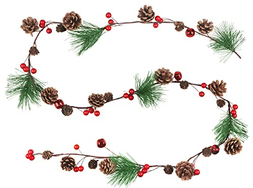 2M Guirnalda de Navidad Guirnalda de Pino Artificial con Conos de Pino Bayas Rojas y Campanas Rojas Guirnalda Navideña para Manto Chimenea Barandilla Escalera Puerta Invierno Exterior Decoración
