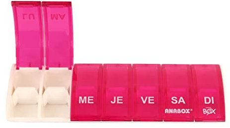 Anabox - Pilulier Semainier Box7 Rose - Organisateur de Médicaments 7 Jours avec Séparateur - Boîte à Pilules Double Compartiment - Compact et Lavable - Fabriqué en Allemagne