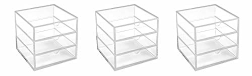 OSCO Clear Acrylic Cube | 3 Pack | 3 Drawers | Not A4 Size | Small Item Storage | Stackable | Lego Container | Makeup Container | Jewellery Box | Compact Organiser | 16.5cm x 16.5cm | 6.5 x 6.5 Inch