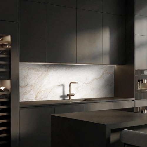 Dedeco Köksvägg motiv: marmor V9, 3 mm aluminiumplattor som stänkskydd, köksvägg, kompositplatta vattentät, inklusive UV-lack glänsande, alla underlag, 220 x 60 cm