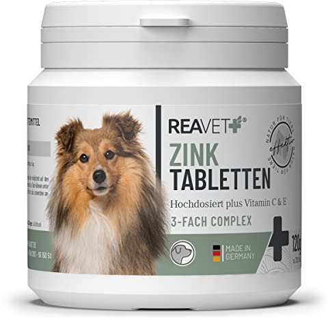 ReaVET Zink Tabletten für Hunde 120 Stück – Hochdosiert mit Vitamin C & E, Zinktabletten Plus Vitamine bei trockener Haut, Haarausfall, Zink Hund für Krallen & Fell