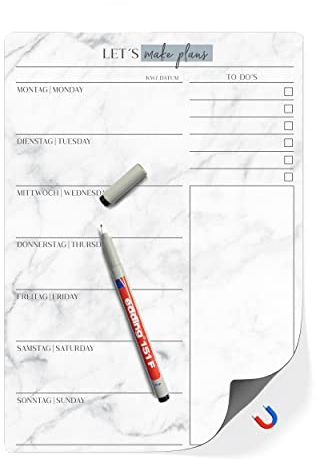 TOBJA® Magnetischer Menüplaner abwischbar inkl. Stift - Essensplaner Woche abwischbar | Magnettafel Küche als Whiteboard magnetisch | Wochenplaner Essensplan Kühlschrank (Magnetisch)