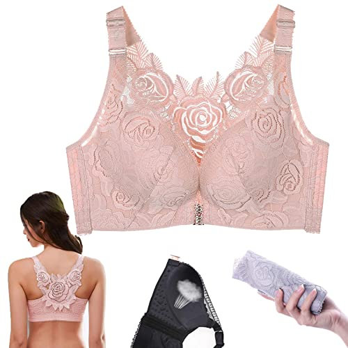 LXYY FitMe Rose Embroidery Front Closure Wirefree Bra, Lace Floral Secrets Comfort Rose Bra, WomenFront Closure Comfort Wireless Lift Bra (pink,42/95CDE)