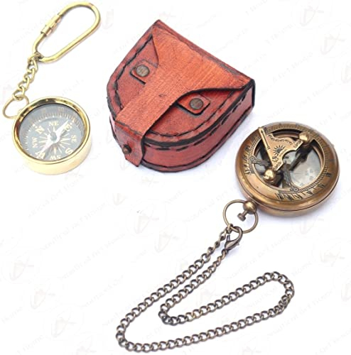 Nautical Art Home Sonnenuhr, Uhr und Kompass aus Messing, mit Ledergehäuse, mit Schlüsselanhänger, Kompass, Geschenk, antiker Messing, Sonnenuhr, Kompass mit Leder-Tragetasche