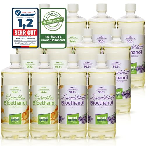 KieselGreen Bioethanol 12 x 1 Liter Sets (6X Geruchlos + 6X Duft) für Ethanol-Kamin - Bio Ethanol als Raumduft, viele Duftnoten (6X Geruchlos + 6X Lavendel)