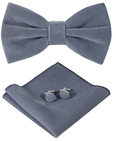 HOULIFE Fliege Herren Set - Verstellbare Fliege aus Samt Vorgebunden Fliegen, einfarbige Einstecktuch, Manschettenknöpfe Set für Bräutigam Hochzeit formal mit Geschenkbox - Silber-Grau