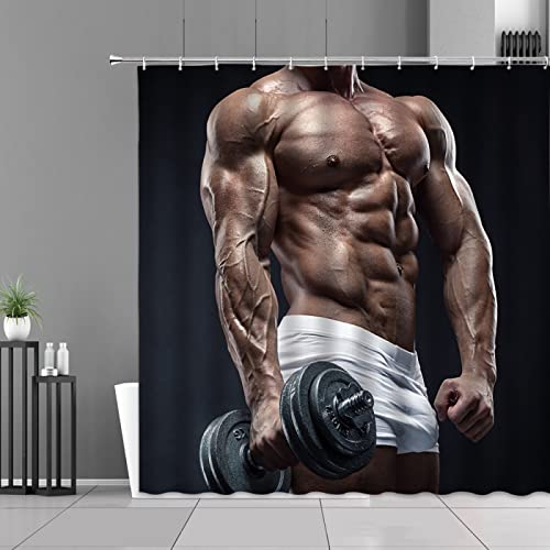 REECES Sexy Nackt Duschvorhang 180x200 cm 3D Fitness Für Männer Duschvorhang Antischimmel Textil Duschvorhang Polyester Stoff Wasserdicht Duschvorhänge für Badezimmer, Bad Vorhang mit 12 Haken