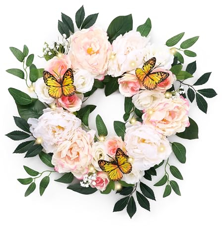 Valery Madelyn 45.7cm künstliche Blumenkranz, Frühlingskranz mit LED Licht, Kranz deko Türkranz mit Blumen für Haustür Fenster Wand Hochzeit Party, Muttertagsgeschenk