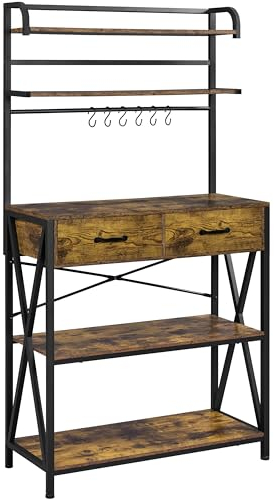 Yaheetech Baker's Rack Kitchen Storage Rack Microwave Oven Stand with 2 Drawers, 5-Tier Shelf and 6 S-Hooks, Industrial Coffee Bar Station, Metal Frame, 90x40x170cm, Rustic Brown