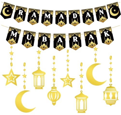 Ramadan Mubarak Banner Set - Stern Mond Laterne Girlande, Eid Mubarak Dekoration, Kareem Deko für Muslim Islamic Party Ramazan Dekor