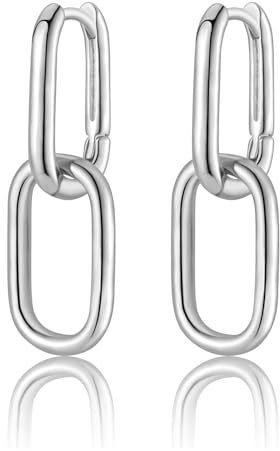 Convertible Link Earrings for Women, Silver Double U-Shape Huggie Hoop Earrings, Paperclip Link Chain Earrings with Dangle Charms Geometric Oval Drop Dangle Earrings Jewelry Gifts
