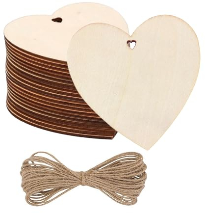 Hearts, 20 Pcs Natural Wooden Craft Shapes With Hole, Blank Slice Love Heart Embellishments Discs for DIY Crafting Arts Painting Gift Tag Wedding Party Decor, With 10m Natural Twine