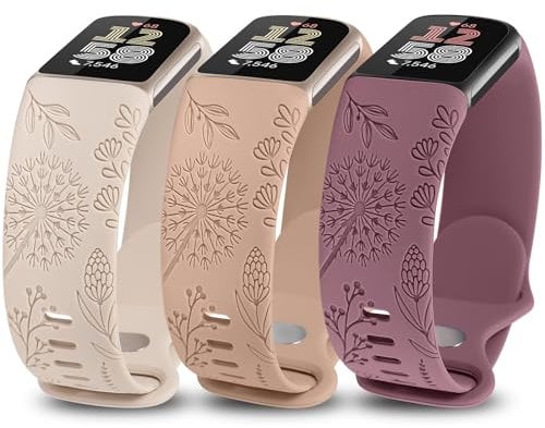 TOYOUTHS 3 Packs Floral Engraved Compatible with Fitbit Charge 5/Charge 6 Strap for Women, Soft Waterproof Silicone Sport Band with Cute Dandelion Flower Pattern, Starlight+Milk Tea+Smoked Violet