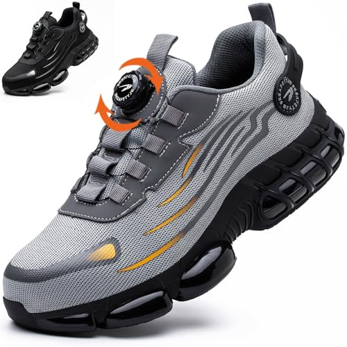 OBIDER Safety Trainers, Safety Shoes Men Women, Comfortable Lightweight Work Shoes, Upgraded Swivel Buckle Shoelaces, Non Slip Work Trainers with Air Cushion Grey