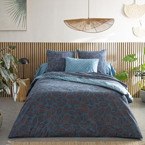Origin Housse de Couette imprimée en Bambou, Iris, 260 x 240cm, Bleu Paon