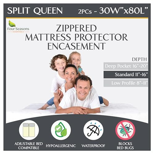 Matratzenbezug für Queen, geteilt, 76,2 x 203,2 cm, 2 Stück, wasserdicht, mit Reißverschluss, hypoallergen, verstellbare Betten und Geteilte Matratzen, 28-40,7 cm tief