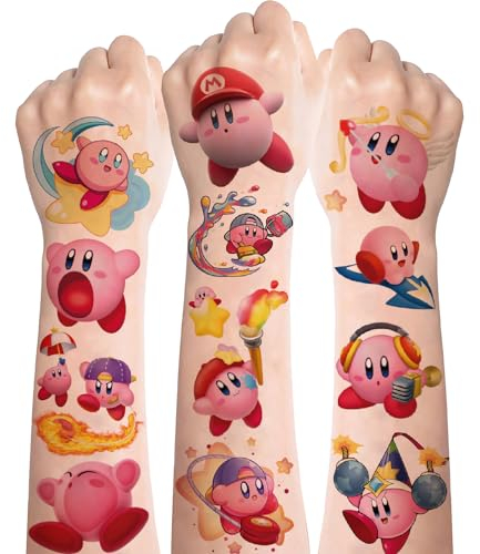 Niedlich Kirby Tattoo Set für Kinder - 96+ Jungen Mädchen Kindertattoos, Hautfreundlich Aufkleber, Cartoon Stickers für Kindergeburtstag Mitgebsel Party Gastgeschenke