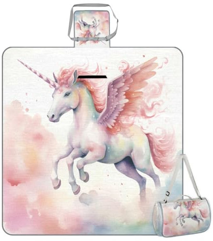 cfpolar Quadratische Picknickdecke, wasserdicht, weißes Einhorn, extra groß, 152,4 x 152,4 cm, Outdoor-Stranddecke, leichte, handliche Matte, Tragetasche für Frühling, Sommer, Camping, Strand, Park,