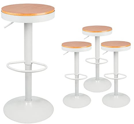 OHMG Lot de 4 Tabouret Bar Bois Rond,Chaises Chaises Haute de Bar en Bois,Vintage Industriels,Hauteur Réglable,Pivotant 360° avec Repose-Pied,Coiffure Assise Ilot Central Cuisine (Blanc-4P)