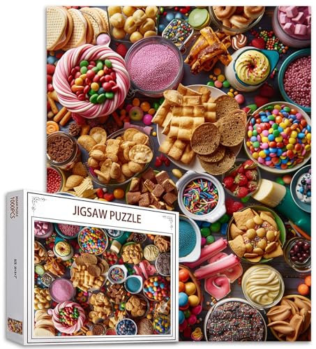 Tucocoo Leckere Snacks Puzzles für Erwachsene 1000 Teile, Bunte Süßigkeiten Kunst Stil Malerei 27 x 20 Zoll DIY Puzzles für Heimdekoration Geschenke, Familienpuzzle Perfekt für Spieleabende