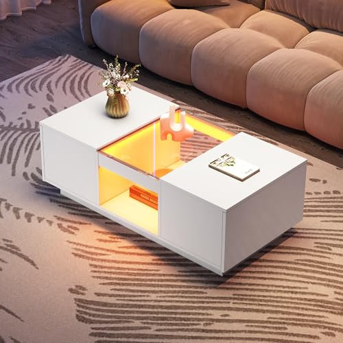 VSOGA Table basse blanche 100 x 50 x 35,5 cm avec revêtement en verre, éclairage LED et contrôle par application, 2 tiroirs