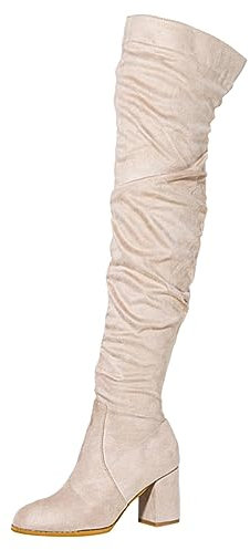 Scarpe da donna moda stivali lunghi al ginocchio spessi tacchi alti sopra il ginocchio plissettato camoscio stivali lunghi stivali da equitazione in pelle per le donne, Beige, 37.5 EU