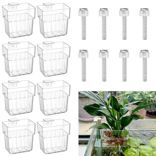 8Pcs Transparent Acrylic Aquarium Plant Holder with Hooks, Hollow-Carved Designed Plant Pot, Top Hanging Designed Planter Cups, Water Feature Decoration for Fish Tank and Aquarium Plant Cultivation