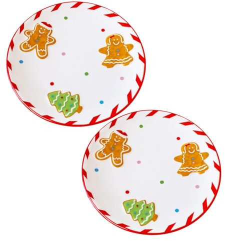 Carousel Home Pack of 2 [20cm] Round Ceramic Christmas Gingerbread Plate | Festive Serving Dish Christmas Serving Plate | Christmas Tableware Xmas Snack Plate - 20cm