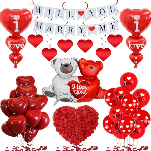 Will You Marry Me Dekorationen – 534 Stück Romantische Antragsdekoration inklusive Banner I Love You Bedruckter Folienballon Rote Herzballons Künstliche Rosenblätter für Valentinstag Supplies