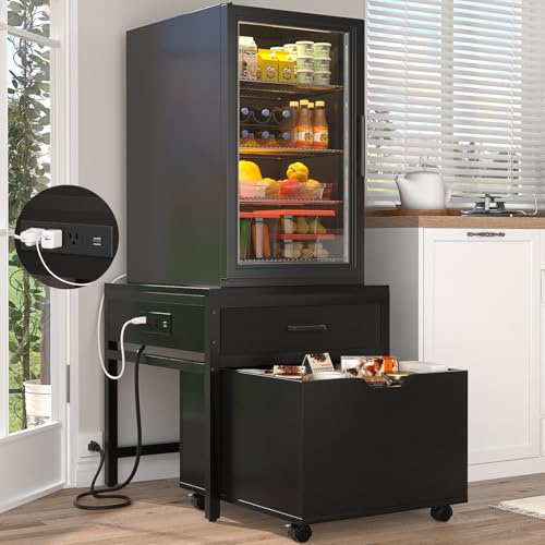 Unikito Mini Fridge Stand with Drawer Storage & Power Outlet, Black | Small Beverage Refrigerator Table Stand, Heavy Duty Mobile Mini Fridge Shelf with Lockable Wheels, Max Load 300LBS
