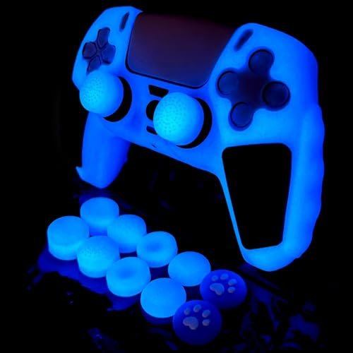 HLRAO Skin de manette de PS5 phosphorescent, antidérapant, doux et épais, compatible avec manette PS5, comprend 8 poignées de pouce pailletées et 2 capuchons de poignée.