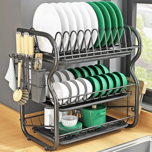 UUE Abtropfgestell Geschirr, 3-stufiges Geschirrabtropfgestell Edelstahl, Geschirr Abtropfständer Abtropfgitter, Geschirrtrockner mit Utensilienhalter und Abtropfschale, Groß Dish Rrying Rack