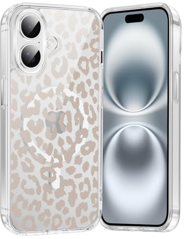 Saqmkil Handyhülle für iPhone 16 Hülle für Magsafe Leopard Beige | Aesthetic Leo Muster Mädchen Magnetische Case, Transparent Weich Silikon Dünn TPU Stoßfeste Schutzhülle Cover 6,1