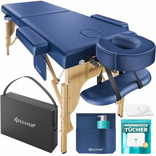 KESSER® Table de massage mobile avec pieds en bois pliable et réglable en hauteur 2 zones Table de massage cosmétique Large table thérapeutique Appuie-tête & accoudoirs avec sac de transport et 10