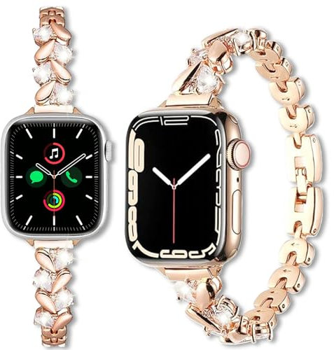 fitonyo Cinturino Bling Diamant compatibile con Apple Watch Series 10/9/8/7/6/5/4/3/2/1/SE,Herz Funkel Dressy Armband Metallbänder für iWatch 38mm/40mm/41mm/42mm Oro rosa