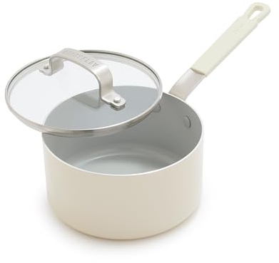 GreenPan Bobby Flay Non-Stick Saucepan with Glass Lid, PFAS Free Diamond Ceramic, Induction Friendly, Stay Cool Silicone Handle, Easy to Clean, Safe