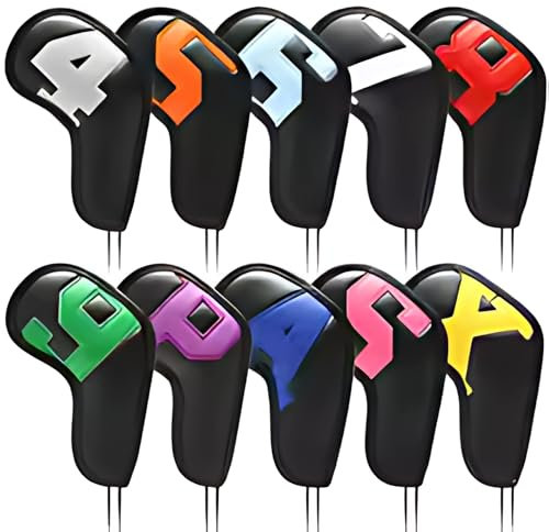 10pcs Golf Iron Head Covers – Durable PU Leather Golf Club Covers with Number & Letter Labels (4–9, A, S, P, X) – Waterproof Protection for Golf Irons (Black)