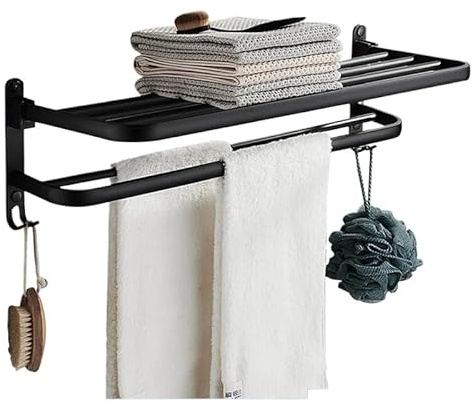Portasciugamani da parete a doppio strato, 48 cm, in alluminio nero, supporto mobile per doccia, elegante e per uso domestico
