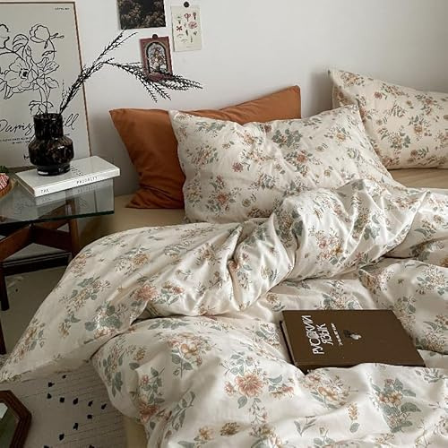 Bettwäsche 135x200 Beige Blumen Pflanzen Blätter mit Kissenbezug 80x80cm