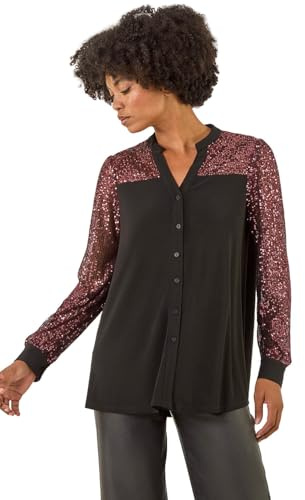 Roman Originals Sequin Embellished Detail Blouse for Women UK - Ladies Autumn Everyday Winter Holiday Notch Neckline Comfy Long Sleeve Soft Shirt Stretch Fabric Tops - Rose - Size 20