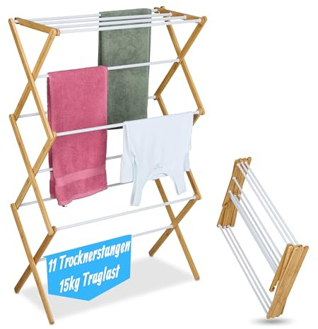 Relaxdays collapsible drying rack, 11 rods, HxWxD: 115 x 73 x 33 cm, bamboo, metal, tower rack, natural/white