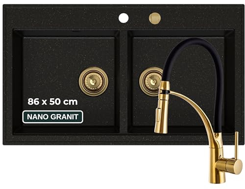 empiria SINK QUALITY Lavello doppio in granito nero-oro con rubinetto, lavello da cucina doppio 86x50 cm, doppio lavello con sifone e impregnante, 2 vasche per mobile sottopiano da 85 cm