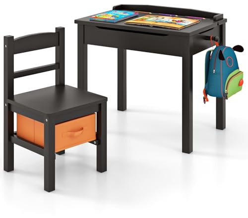 FANTASK Kindertisch Set, Schreibtisch Massivholz mit klappbarer Tischplatte 7 Schublade für Kinder ab 3 Jahren, Aktivitätstisch mit Haken Staufach Box für Kinderzimmer, Braun