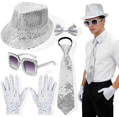OPVXZAD Glitzer outfit Herren,Discokugel Kostüm Zubehör,Karneval Kostüm,Jazz Performence Accessoires,mit Pailletten Hut,Fliege, Krawatte,Handschuhe,Glitzer Sonnenbrille für Fasching Disco Retro-Party