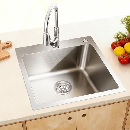 38x38cm Edelstahl Spülbecken, 1 Becken Küchenspüle Auflagespüle mit Siphon Set Edelstahlfarbe, Zwei Löcher mit Seifengerät